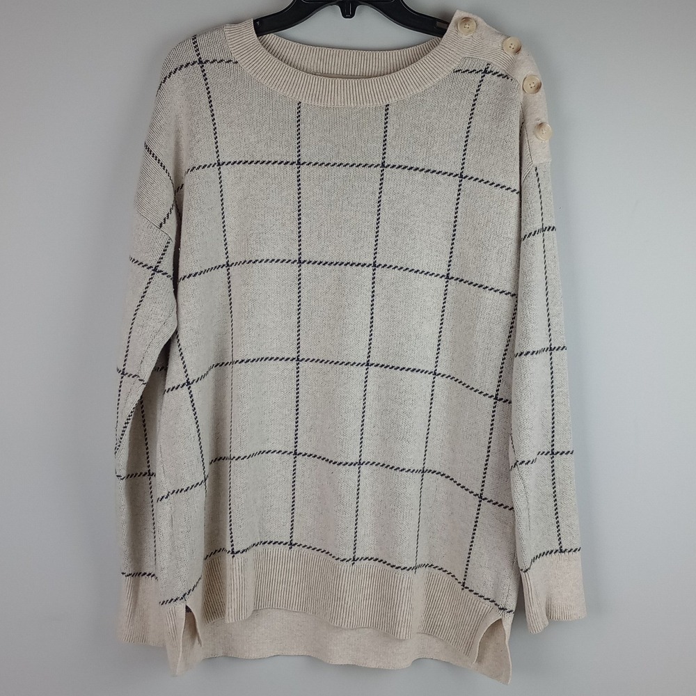 LOFT Womens M Beige Gray Button Shoulder Cotton Knit Casual Preppy Grid Sweater
